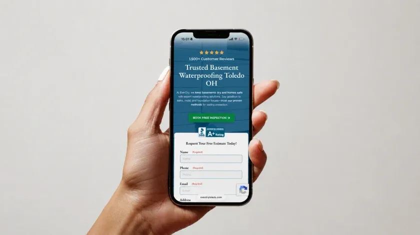A homeowner on a phone, on a contractor site with the estimate form above the fold