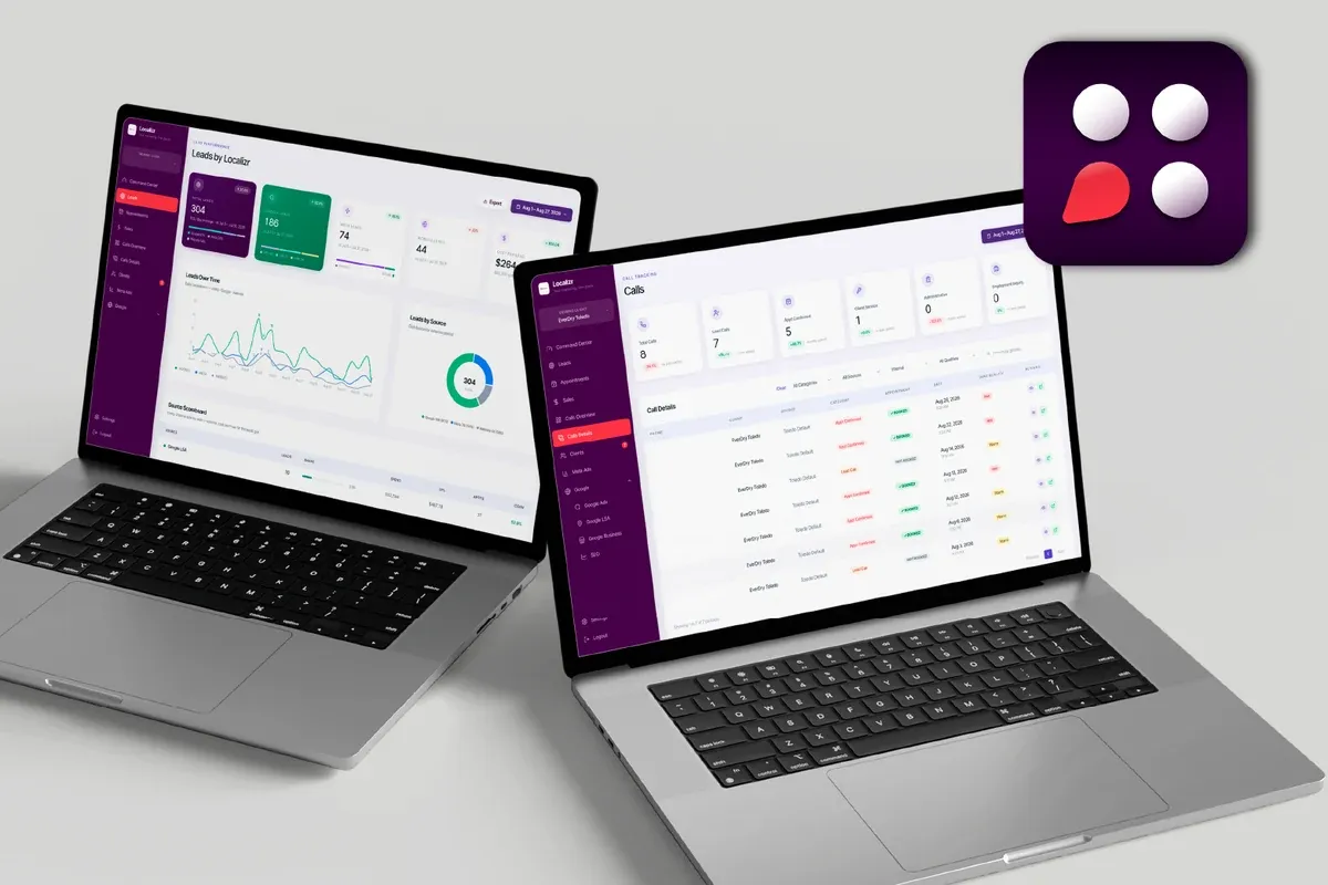 Localizr OS on two laptops: leads by channel and call tracking