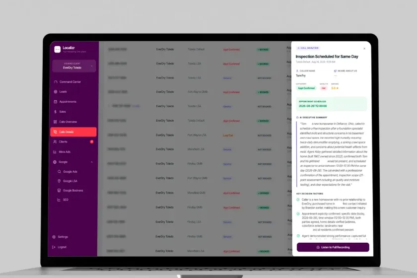 Call details routed from every connected source, with the AI analysis of one open