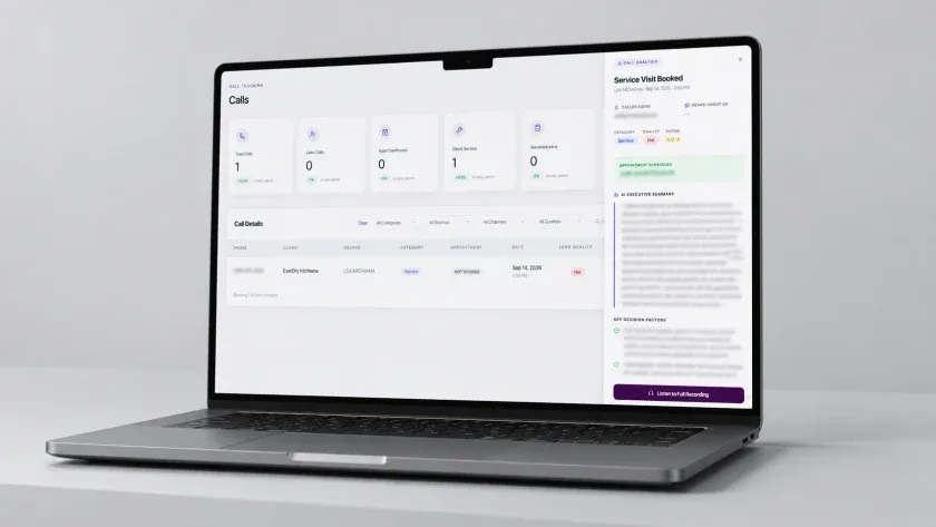 Call tracking with an AI summary and the booked service visit beside it