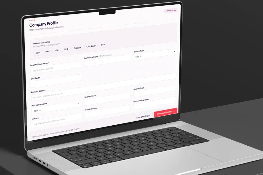 The onboarding form that configures a new CRM account