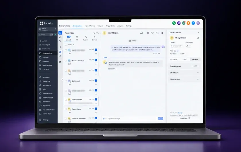 The team inbox answering a homeowner, with the contact record open beside it