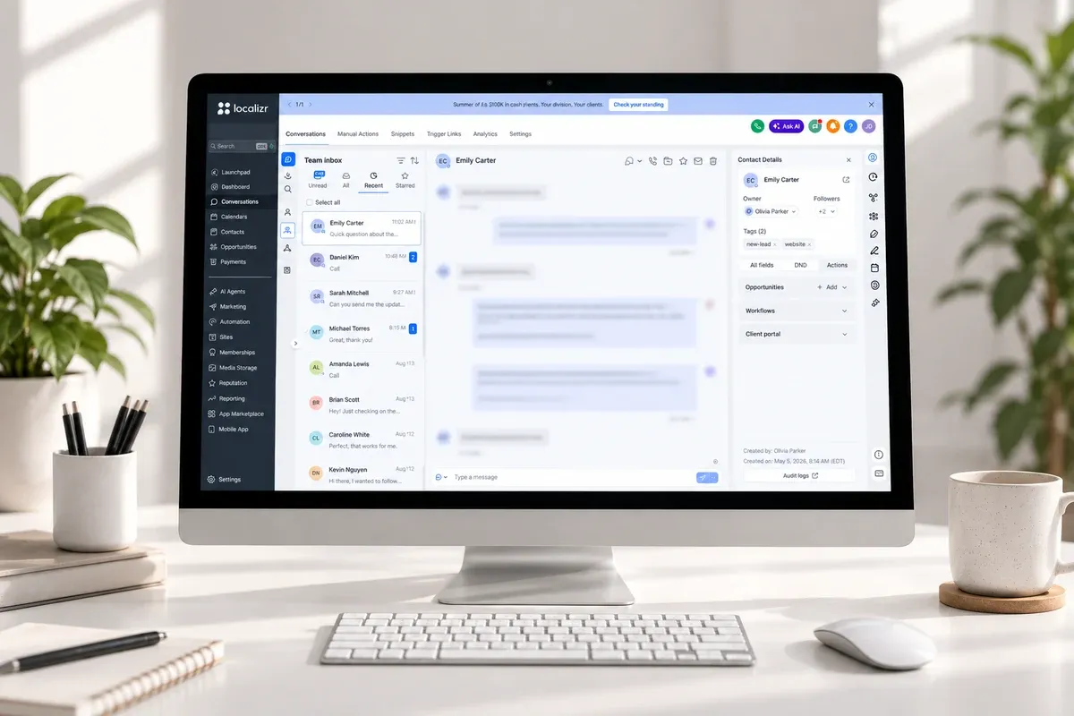 The Localizr CRM team inbox, with a homeowner conversation open