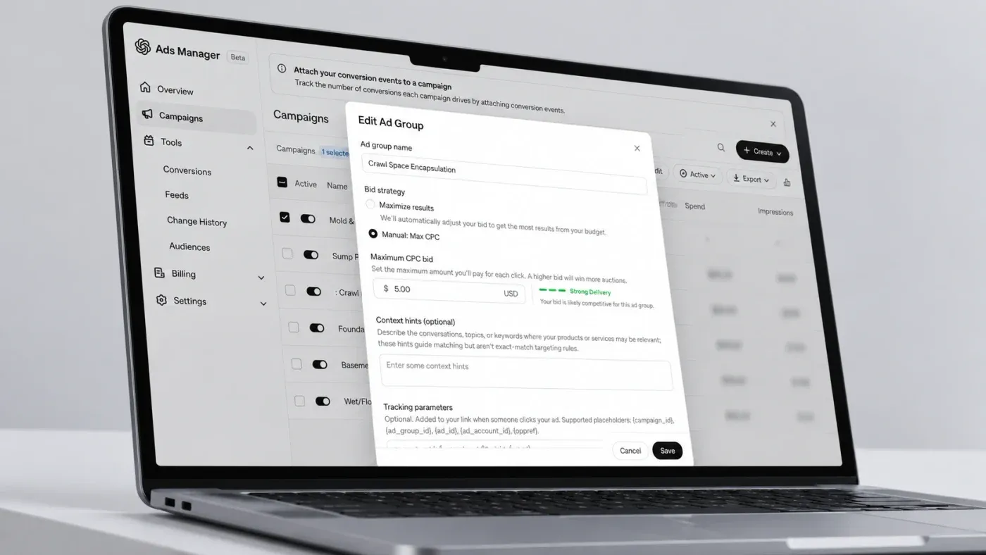 The ChatGPT Ads manager: bid strategy, max CPC and spend on a live ad group