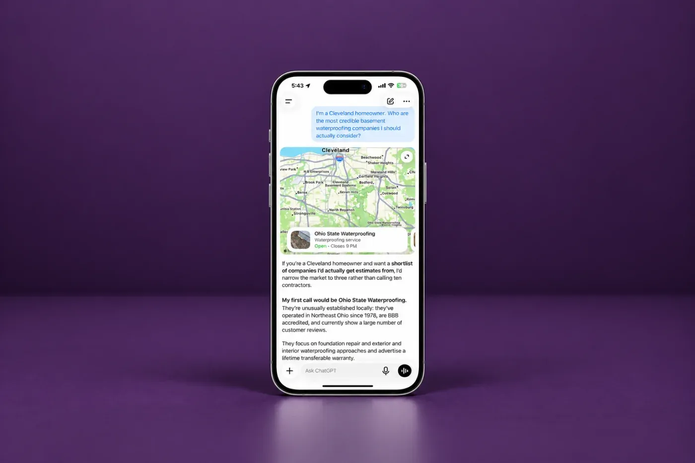 An AI assistant naming Ohio State Waterproofing in answer to a Cleveland homeowner