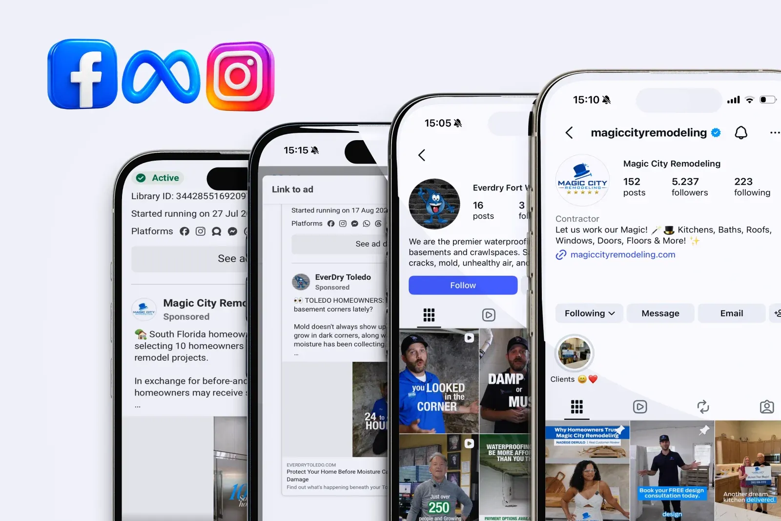 Live EverDry Toledo and Magic City Remodeling ads and profiles running across Facebook, Instagram and Meta