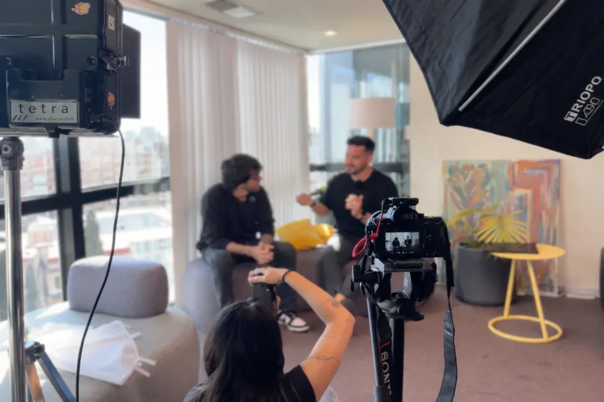 Lit set, camera and crew on a Localizr client content shoot