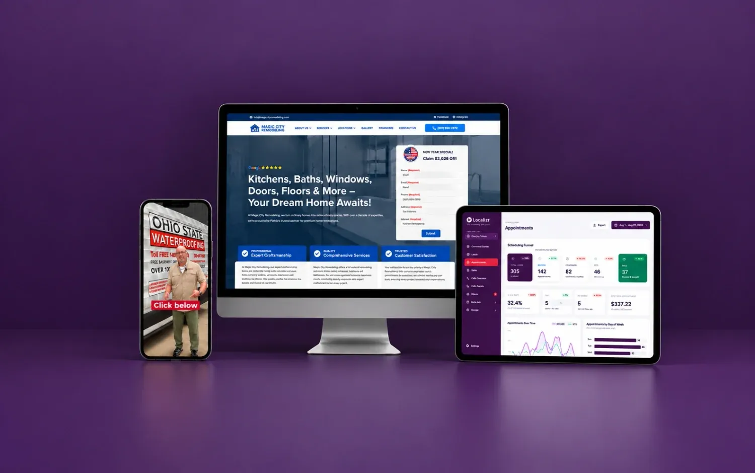 A Localizr client site, a live ad and Localizr OS on three screens